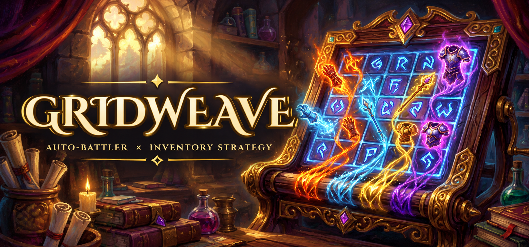 Gridweave promotional artwork with a glowing enchanted inventory board in a fantasy workshop